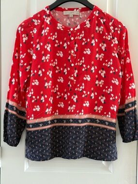 Ann Taylor Loft Petite Floral Border Print Button Blouse In Red & Navy Size SP